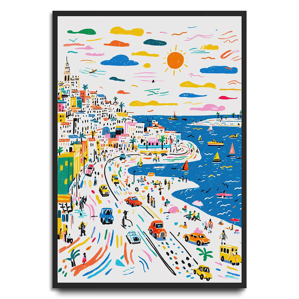 Colourful illustrated cityscape with busy streets and waterfront scene