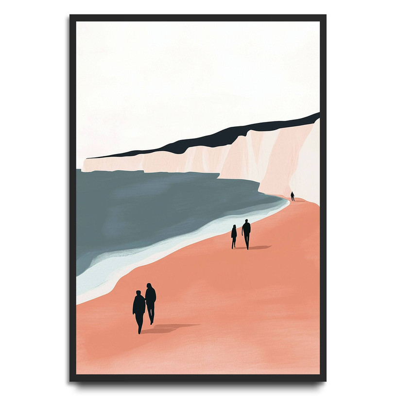 Serene coastal wall art with abstract cliffs and beach walkers — peaceful and modern landscape.