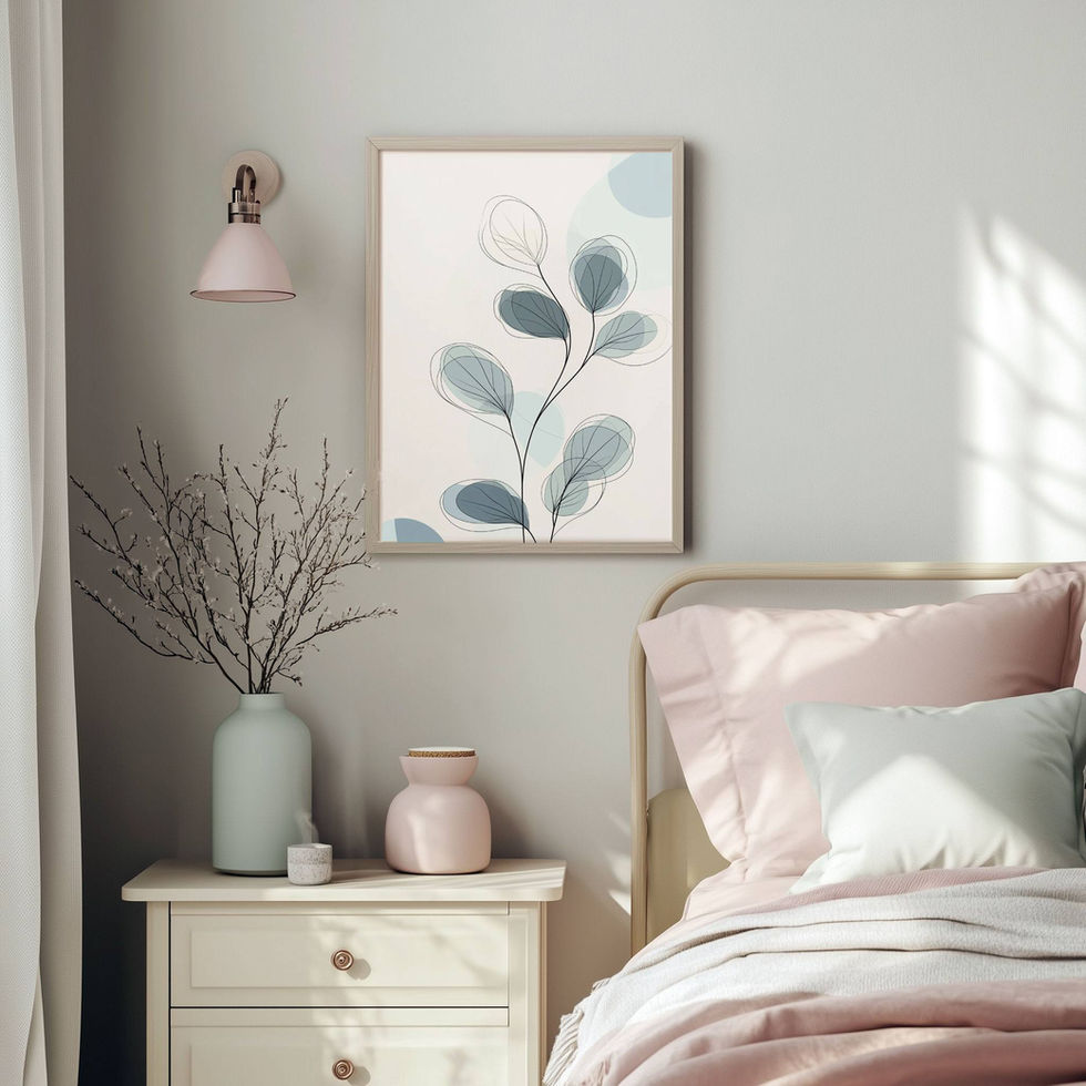 Minimalist botanical art print featuring abstract leaves in soft grey and sage green with fine black linework.