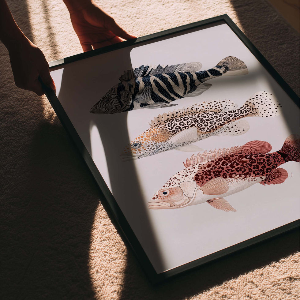 Minimalist vertical art print featuring three detailed fish illustrations in muted coastal tones.