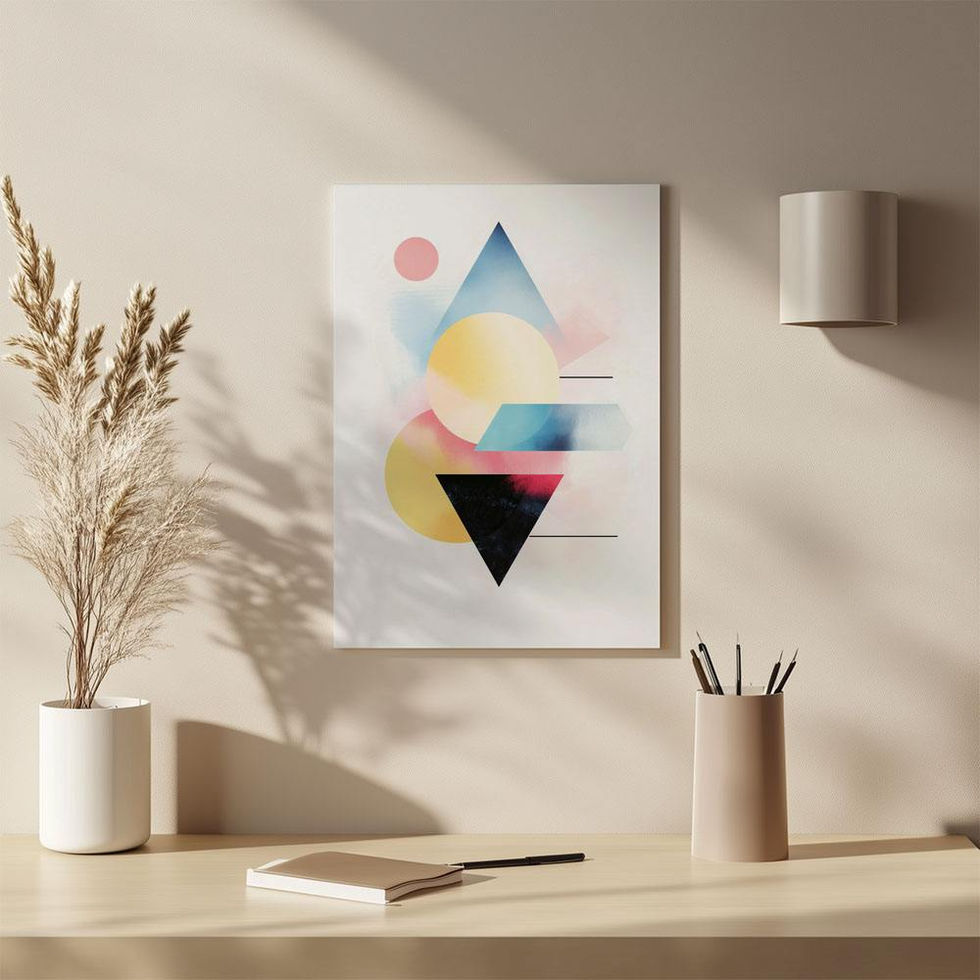 Geometric abstract art with circles and triangles in pastel and black tones