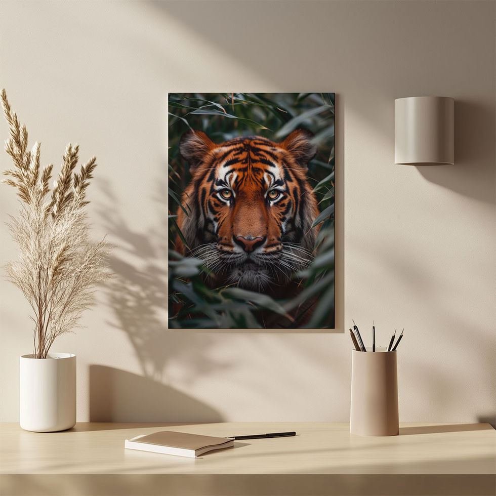 Realistic tiger peeking through jungle leaves