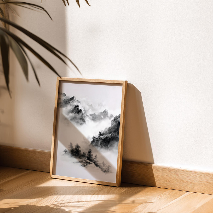 Black and white Japandi-style art print of misty mountains with pine trees.
