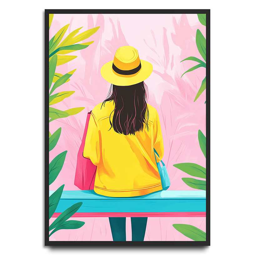 Woman in yellow hat and coat sitting on a pink and blue bench with tropical leaves and a pink background.