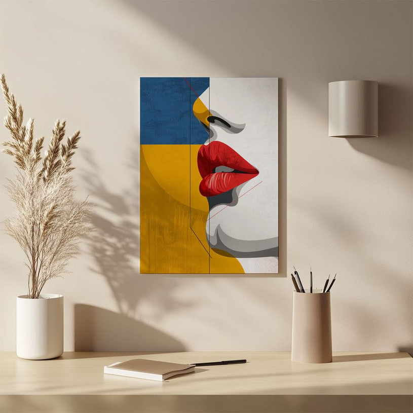 Side profile of red lips with abstract background in blue, mustard, and white tones