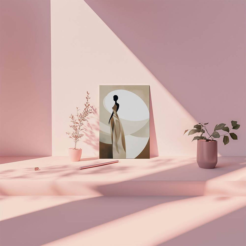 Abstract silhouette of a woman in a beige dress with soft curved background shapes in neutral tones.