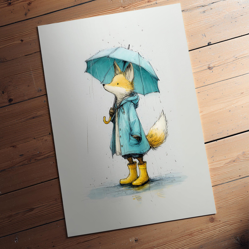 Illustration of a fox wearing a teal raincoat and yellow boots, holding an umbrella in the rain.
