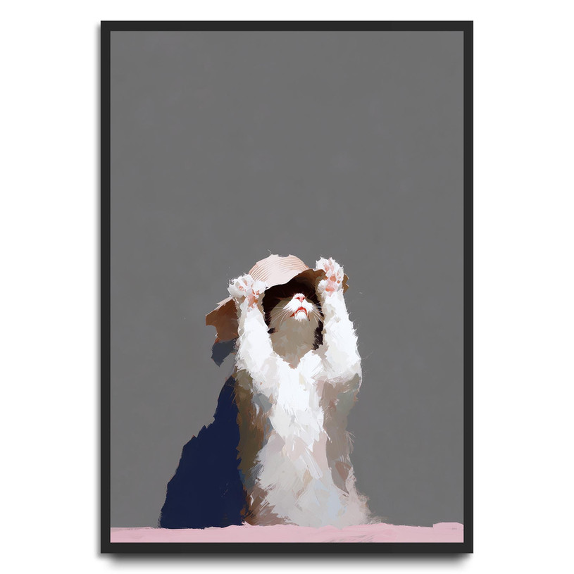 Brushstroke painting of a cat wearing a sun hat against a plain grey background.