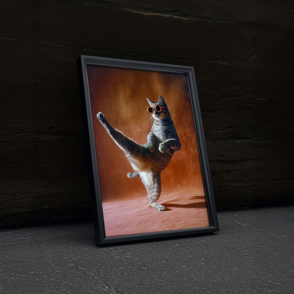 Cat performing a high karate kick in dramatic lighting, action style art print