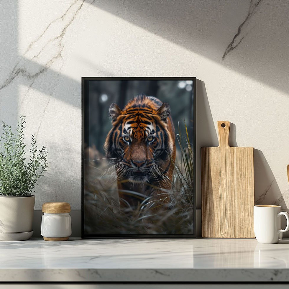 Art print of a majestic tiger prowling through tall grass in a forest setting.