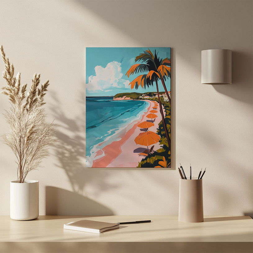 Pop art style beach print with turquoise sea, pink sand, and orange beach umbrellas.