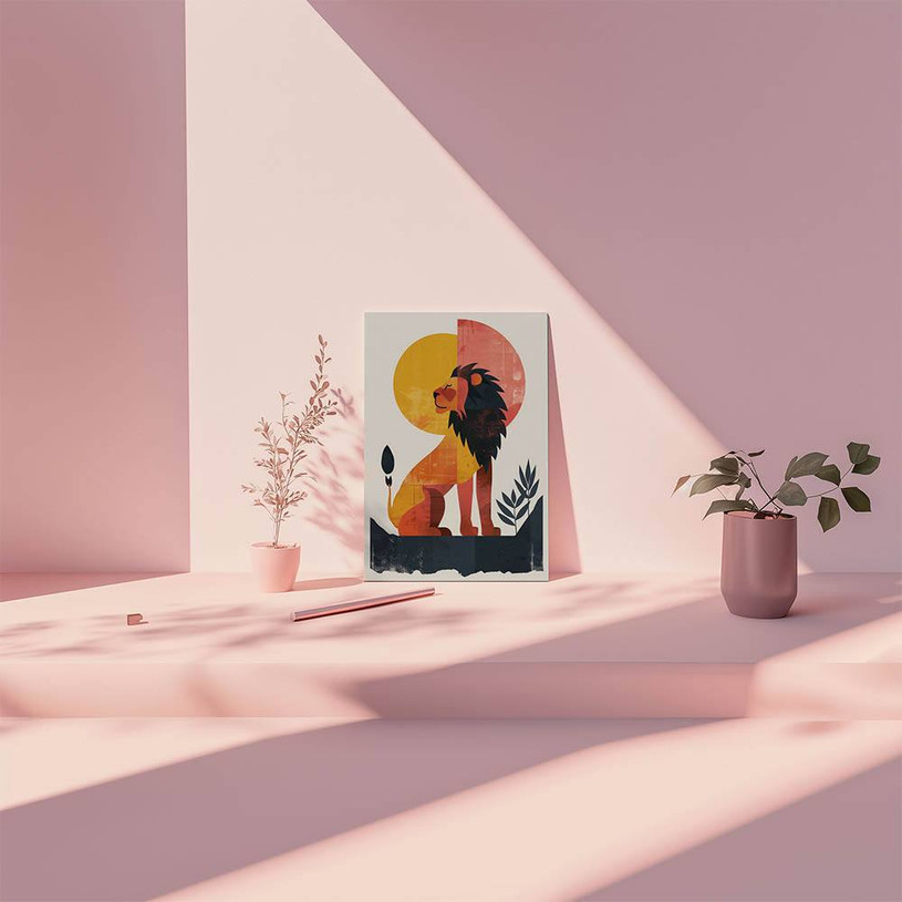 Stylised graphic lion sitting in front of a bold yellow and red sun with tribal flair – vibrant modern art print.