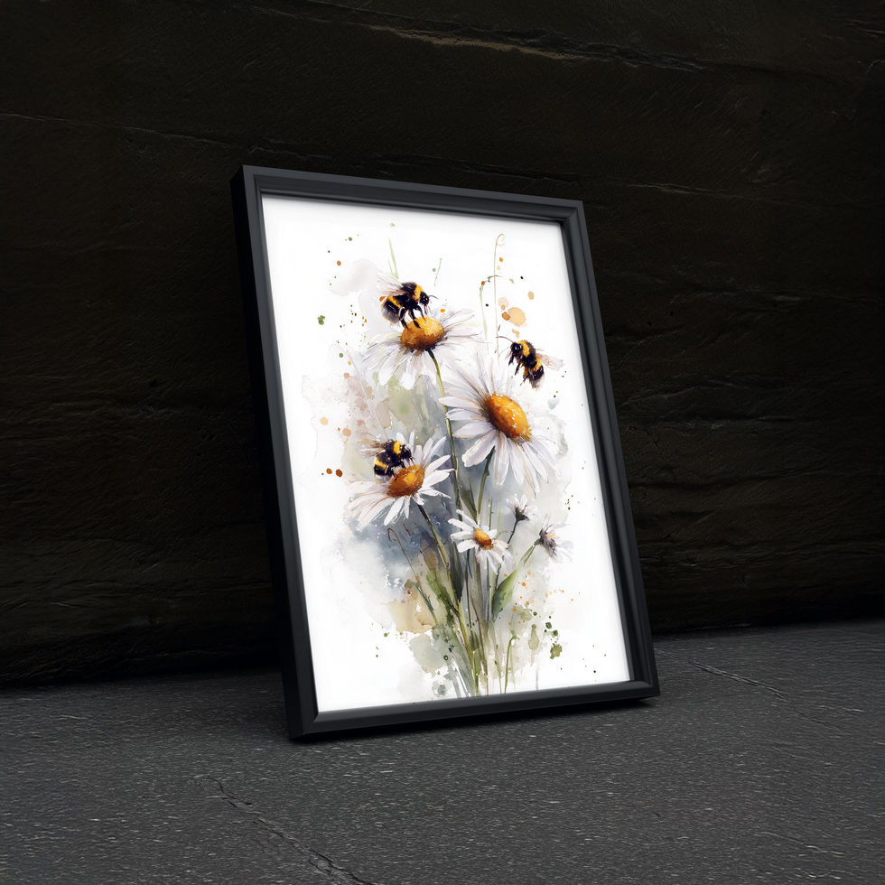 Watercolour art print of bees on white daisies with soft natural tones.