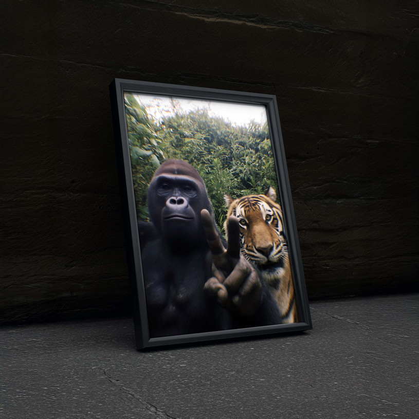 Gorilla and tiger standing together in jungle setting, wildlife art print