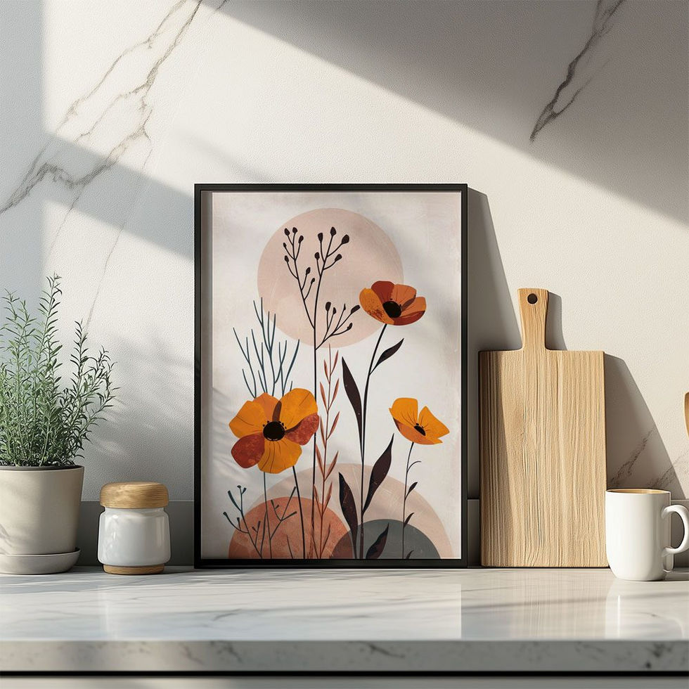 Orange and yellow poppies with abstract circles and minimalist botanical elements.