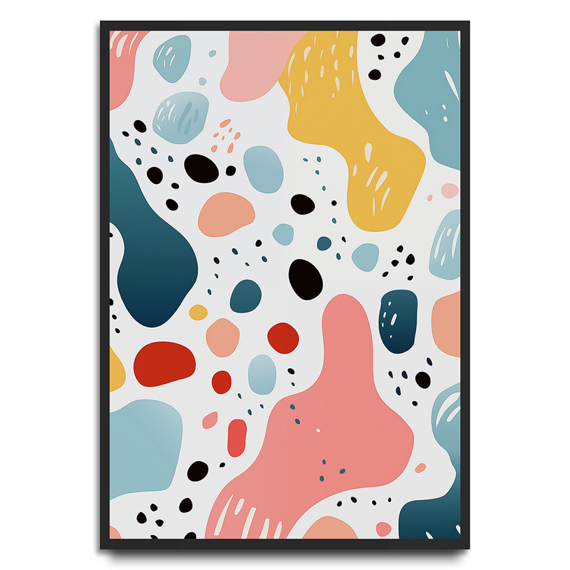 Abstract pastel blobs in blue, mustard, pink, coral and black