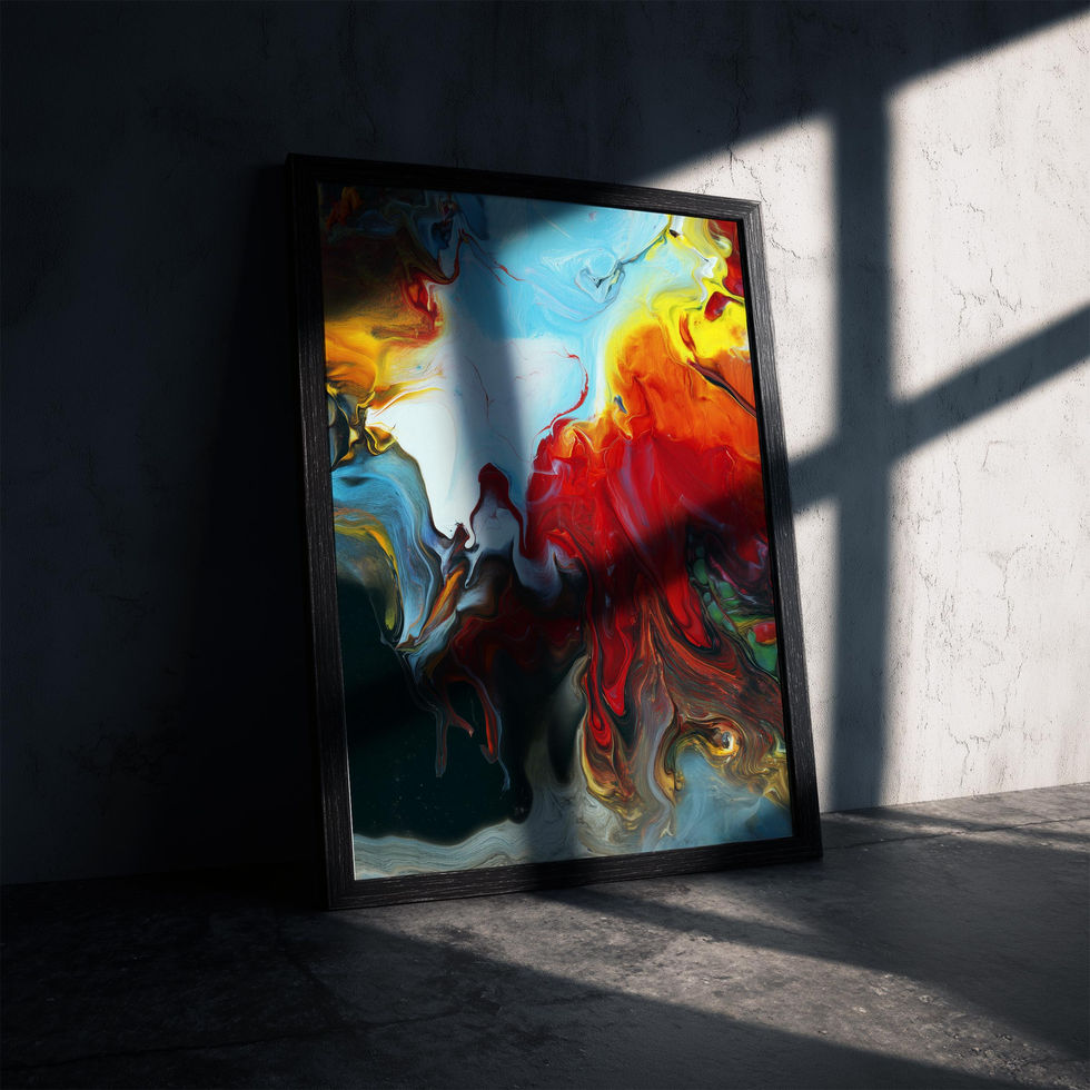 Abstract painting with swirling brushstrokes of red, yellow, blue, white, and black.