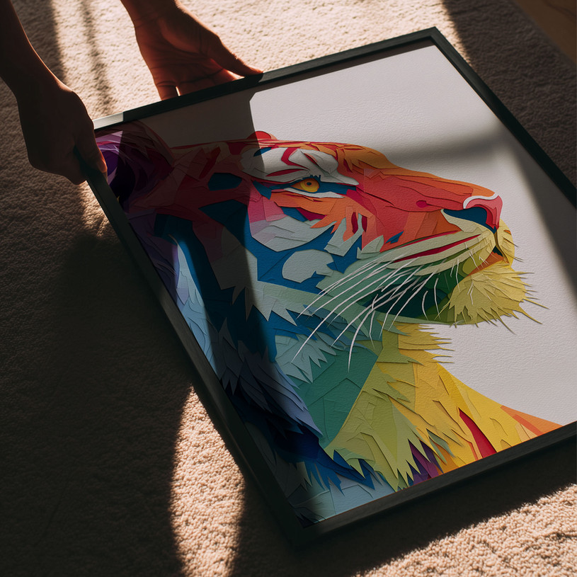 Geometric rainbow tiger art print with bold, colourful shapes creating a modern wildlife portrait.