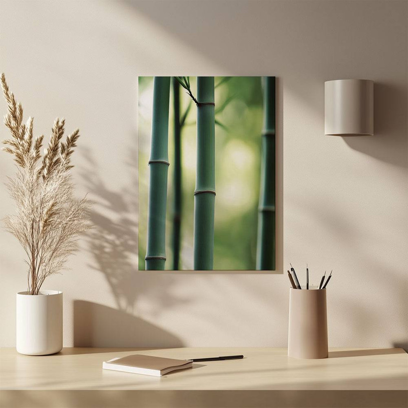 Close-up of bamboo stalks with blurred green forest background