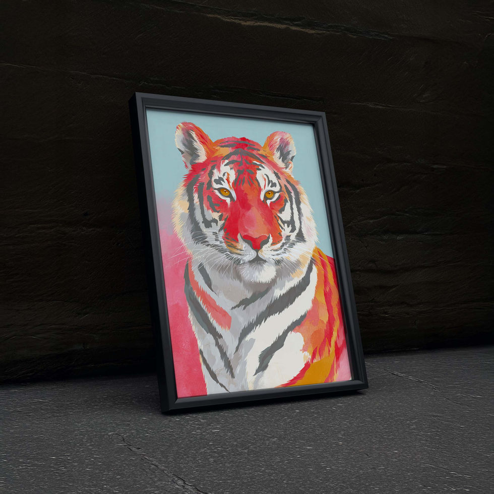 Colourful watercolour art print of a tiger portrait with bold red and orange tones.