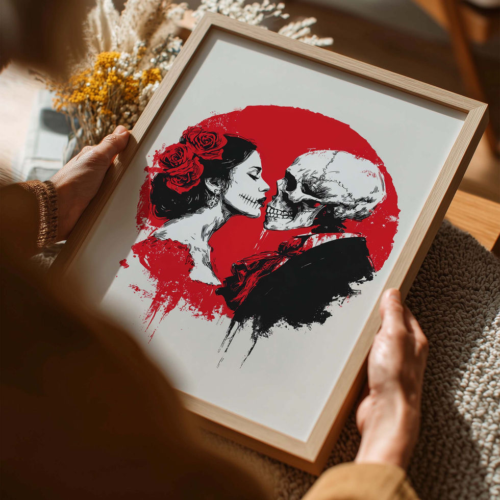 Gothic style art print of two monochrome figures against a bold red circular background.