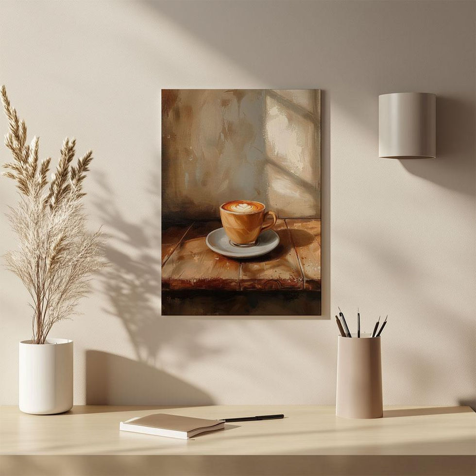 Cappuccino in a ceramic cup on wooden table with morning sunlight and shadows.