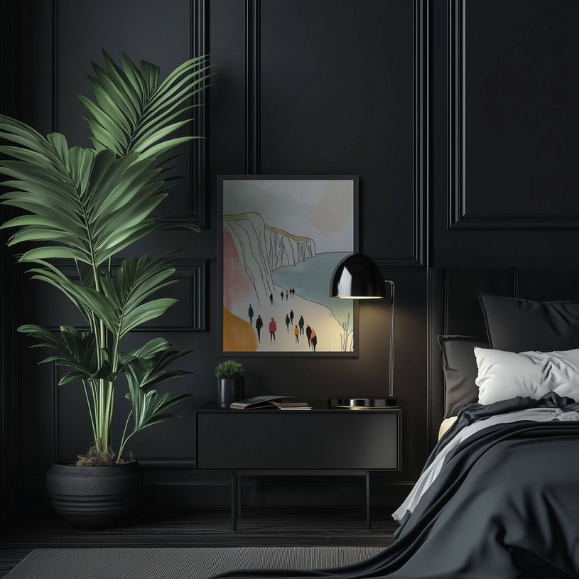 Abstract illustration of people walking along a coastal cliff path beside the sea.