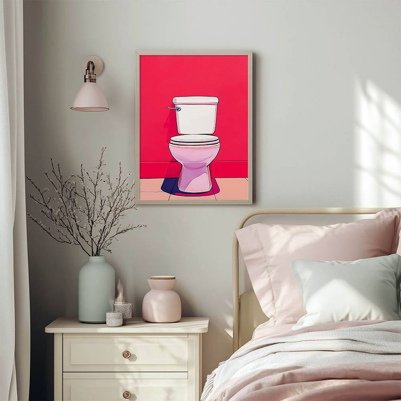 Playful pop art-style print of a toilet on a vibrant pink backdrop.
