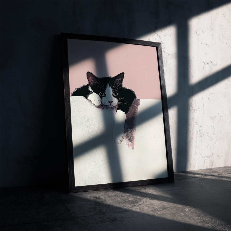 Minimalist illustration of a black and white cat resting on a ledge with a pink background.