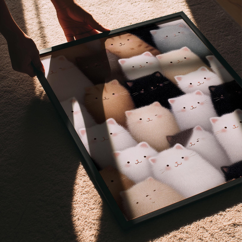 Cute cat art print featuring a playful pattern of fluffy kittens in various colours.