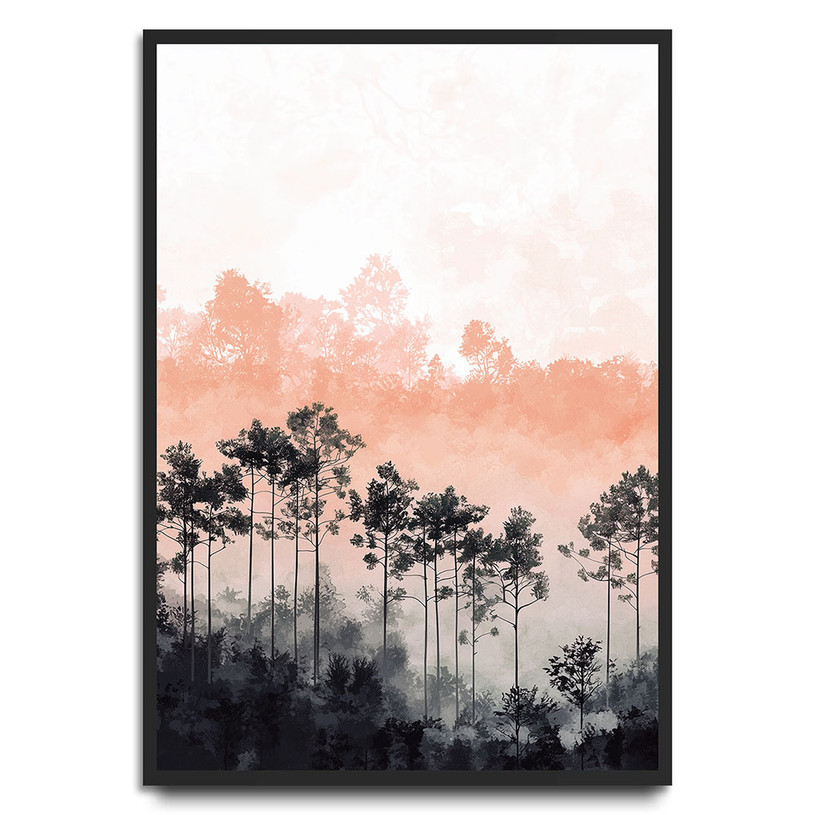 Tranquil forest landscape with mist and moody autumn tones — peaceful and atmospheric wall art.