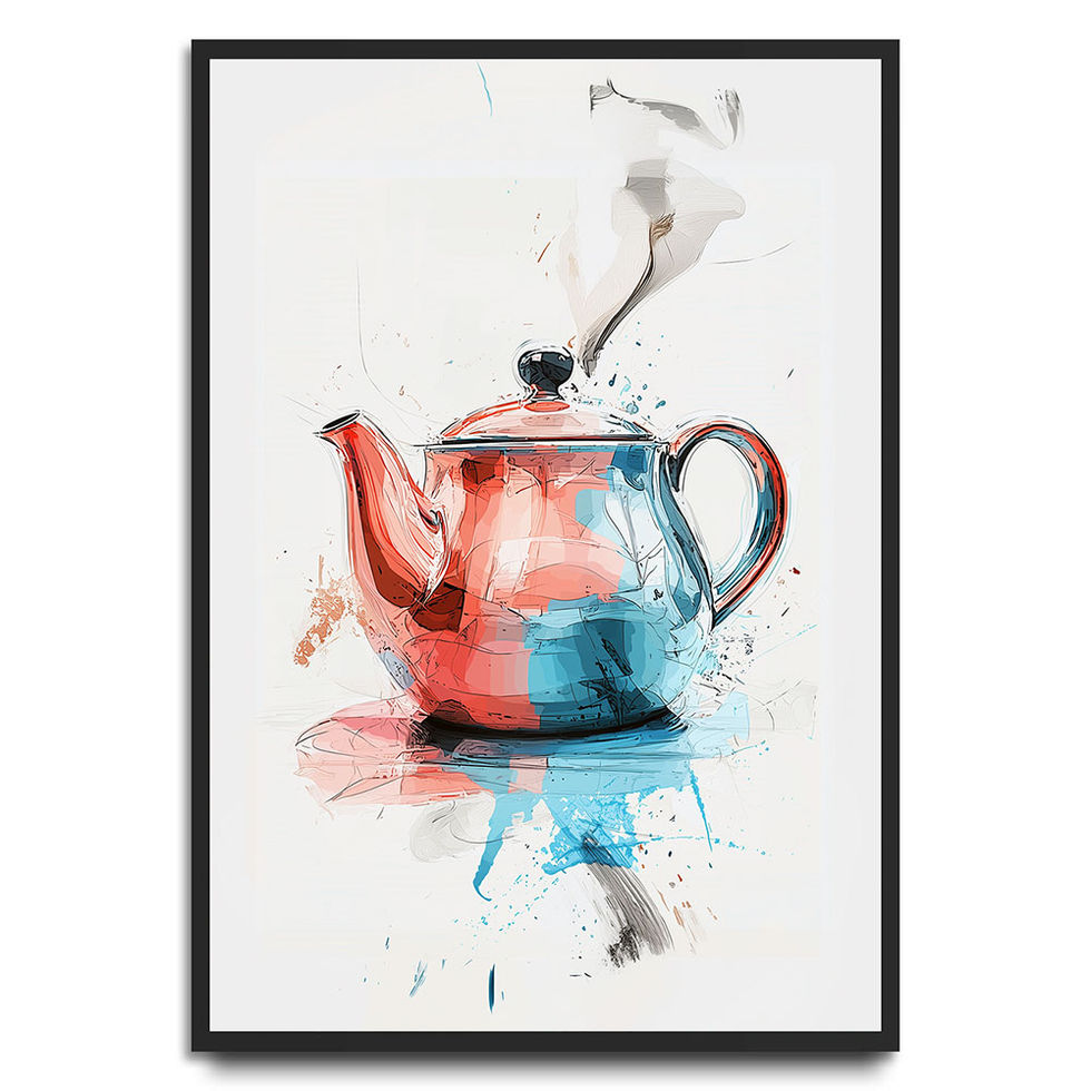 Whimsical red and blue watercolour teapot illustration.