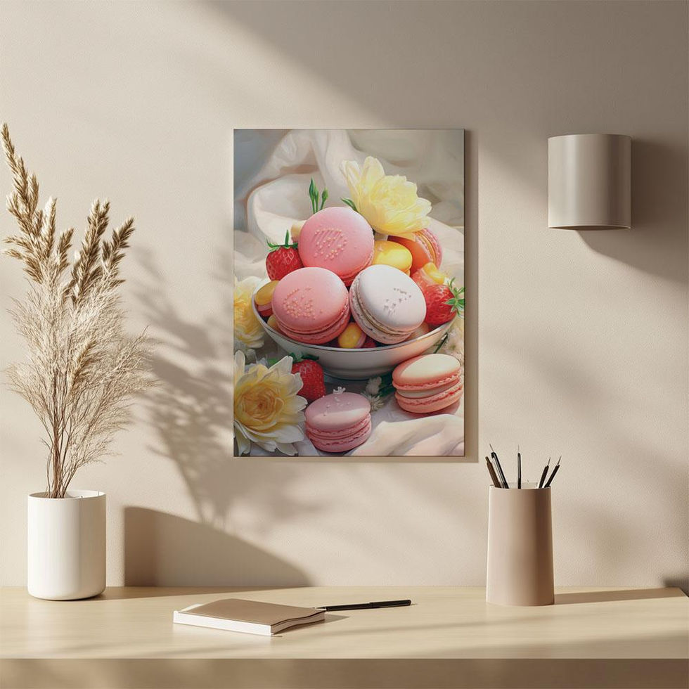 Bowl of assorted pastel macarons surrounded by strawberries and flowers