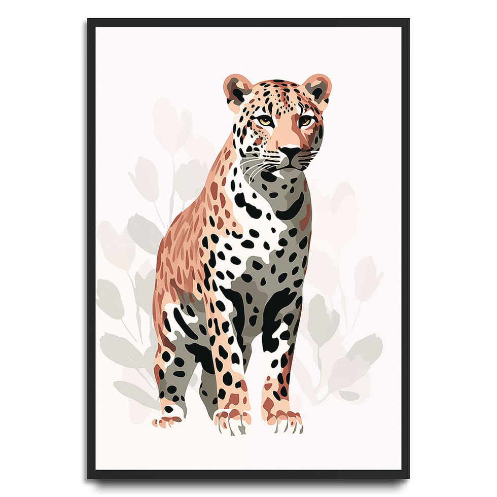 Watercolour jaguar illustration with soft beige leaf accents