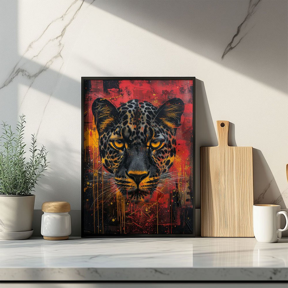 Striking artwork of a leopard’s face emerging from a fiery red and orange background with bold details and glowing eyes.