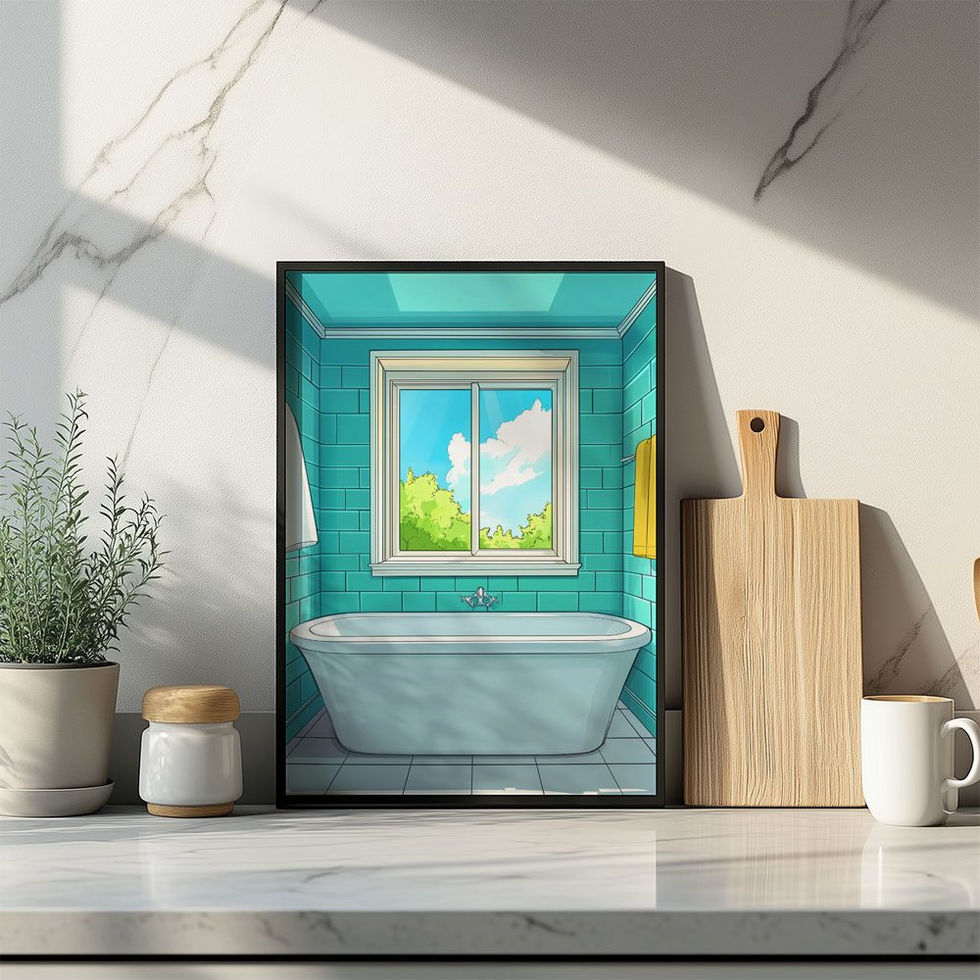 Bright turquoise bathroom with a large window showing a sunny sky and green trees.