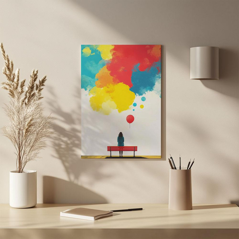 Girl with long hair sitting on a red bench holding a balloon under colourful cloud splashes