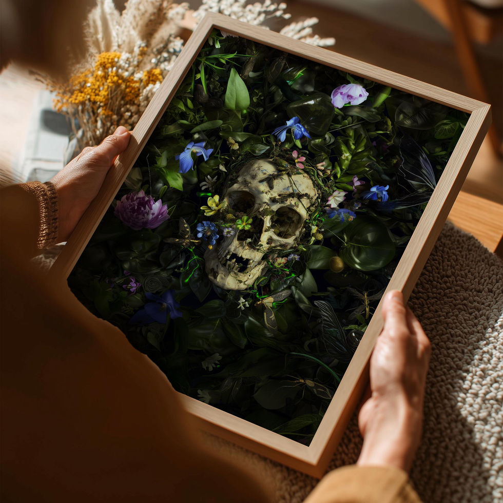 Art print of a skull surrounded by vibrant flowers, insects, and foliage in a dark botanical theme.
