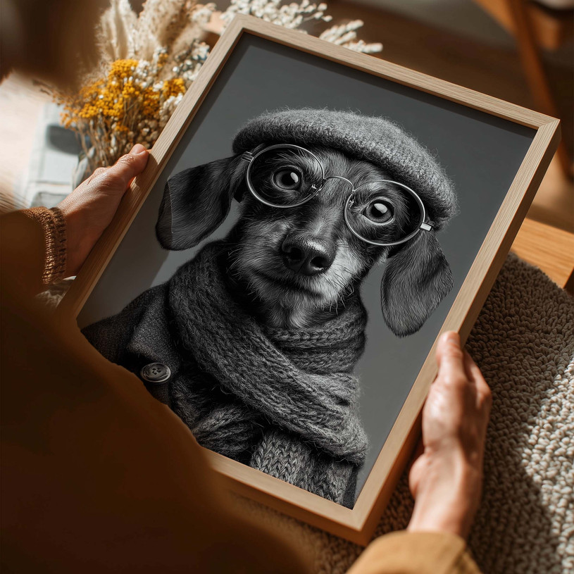 Black and white portrait art print of a dachshund wearing glasses, a hat and scarf.