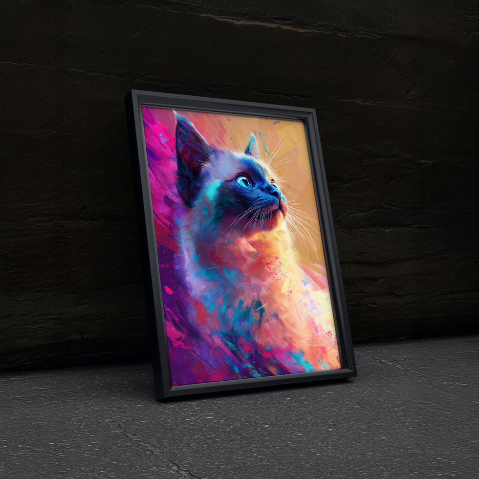 Colorful cat portrait art print with vivid blue, purple, and orange brushstroke textures.