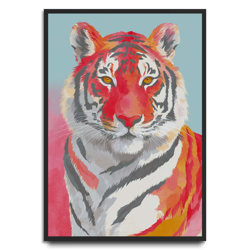 Colourful watercolour art print of a tiger portrait with bold red and orange tones.
