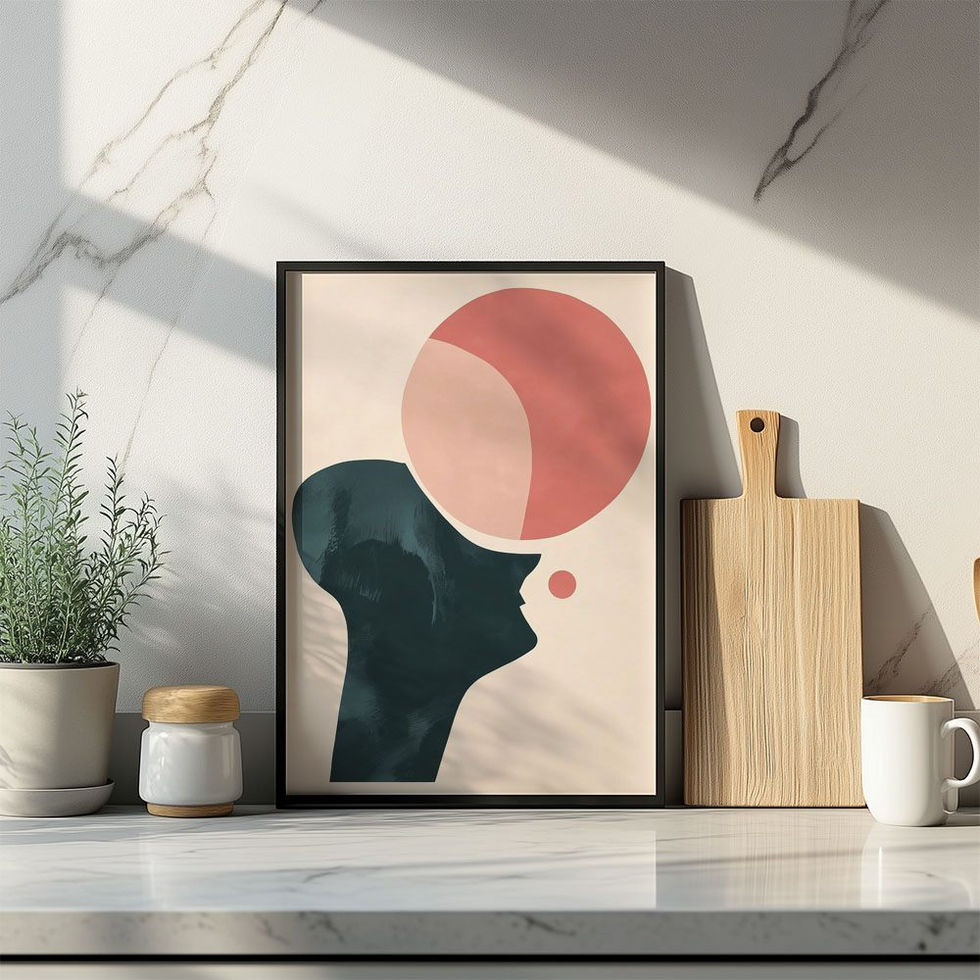 Thought-provoking abstract portrait with floating pink shapes — minimal and symbolic.