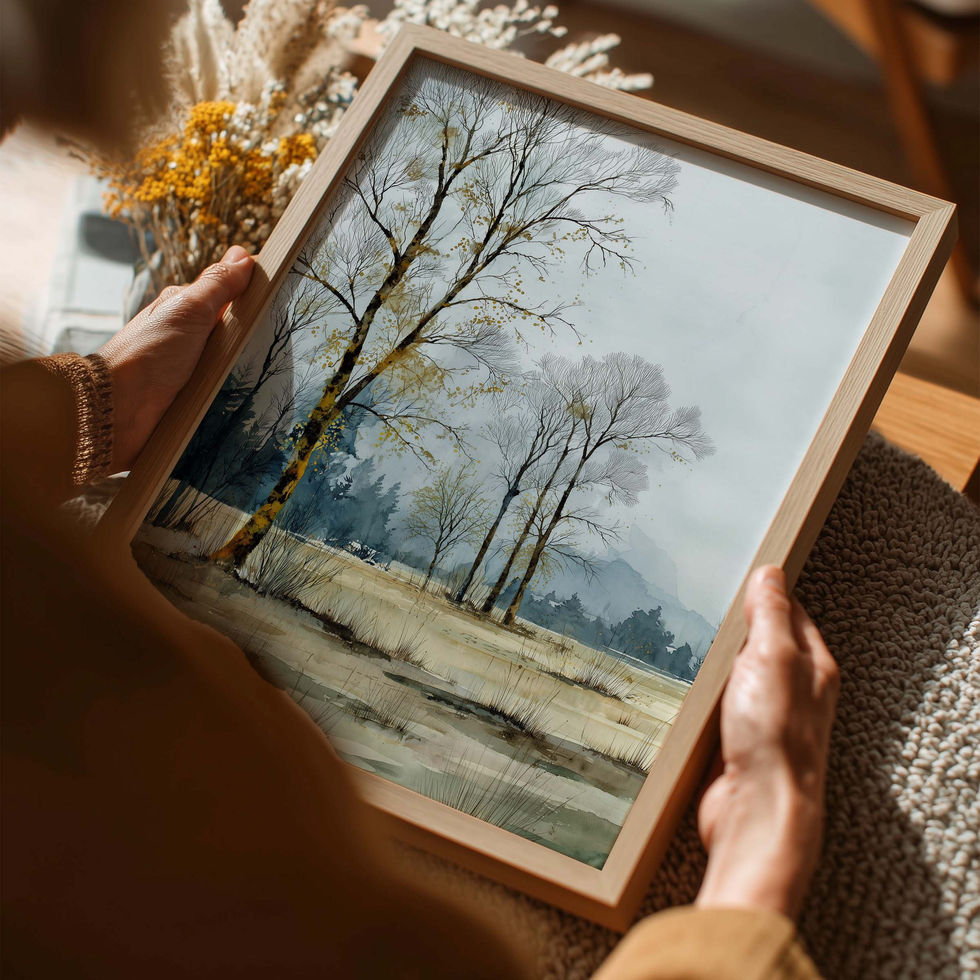 Soft watercolour woodland landscape with bare trees and muted tones