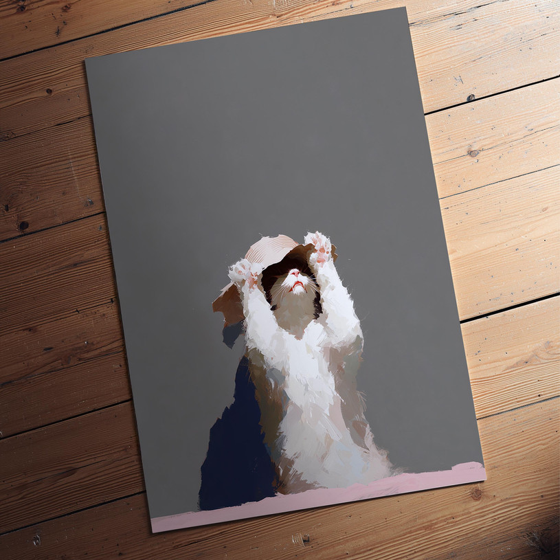 Brushstroke painting of a cat wearing a sun hat against a plain grey background.