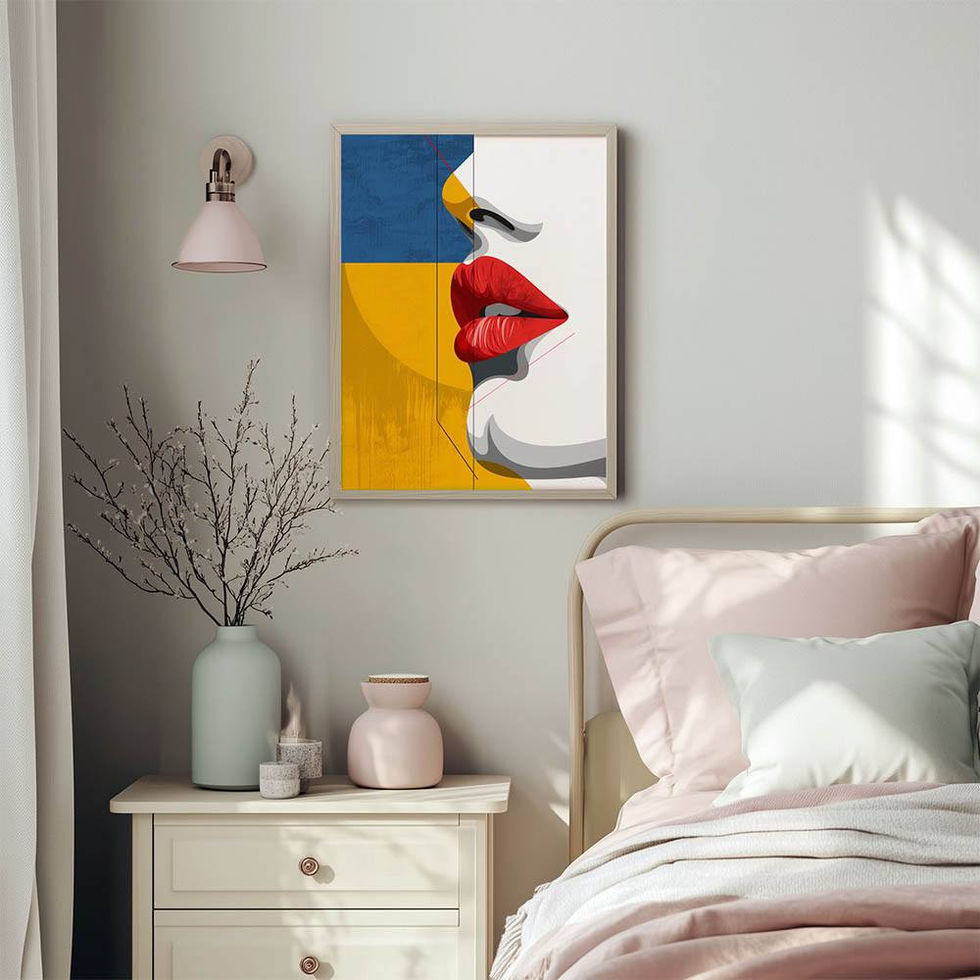 Side profile of red lips with abstract background in blue, mustard, and white tones