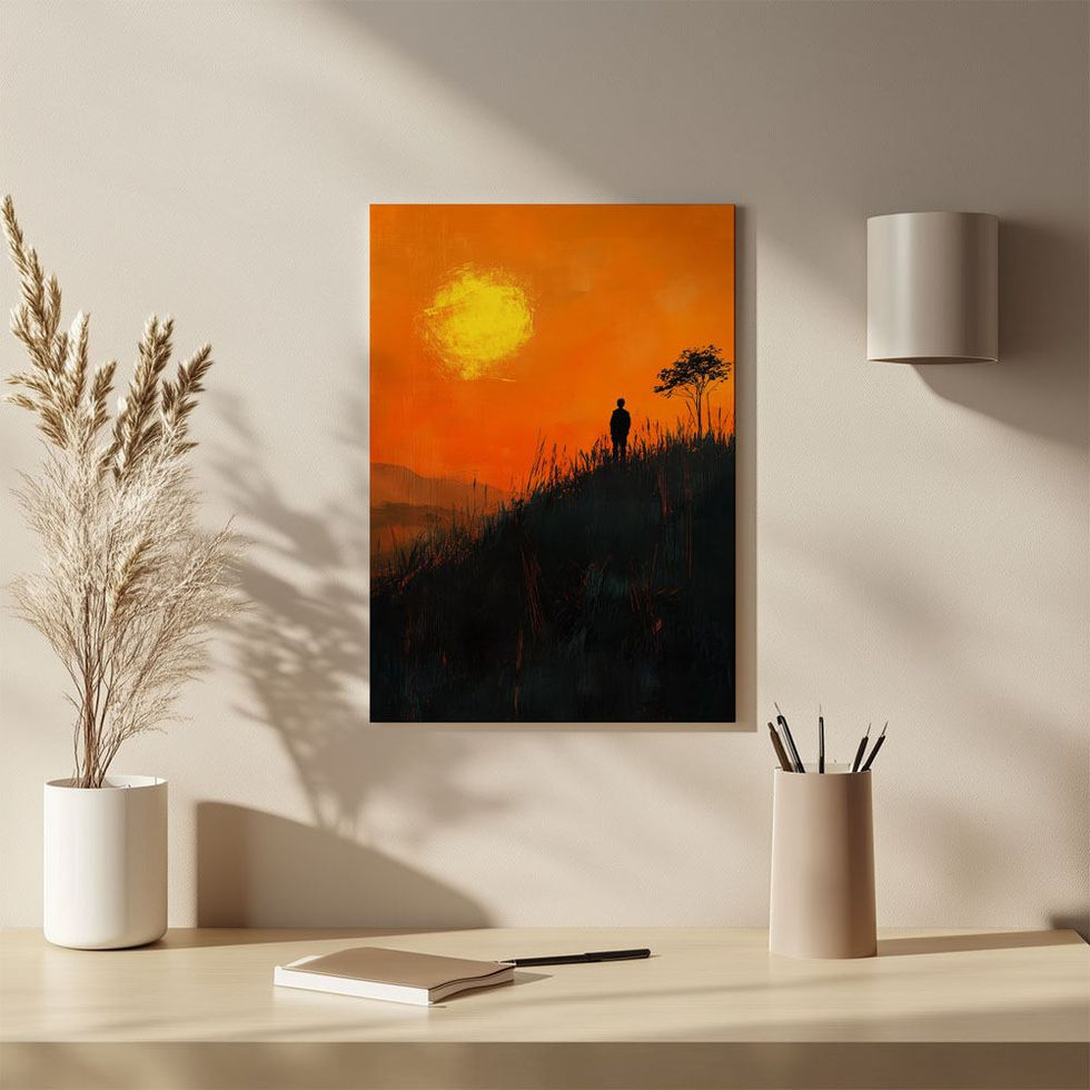 Silhouette figure on a hill during a vivid orange sunset with glowing sun and lone tree
