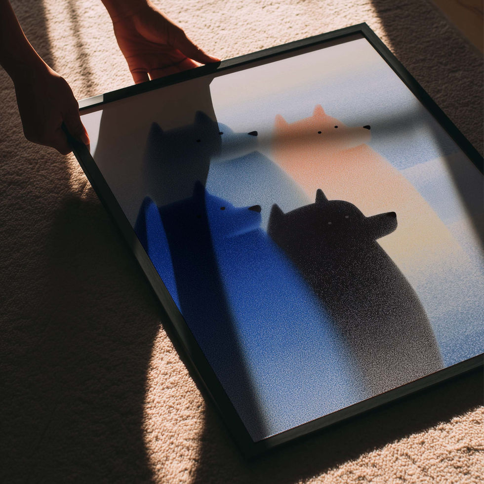 Minimalist dog silhouettes in blue and peach mist, modern abstract art print