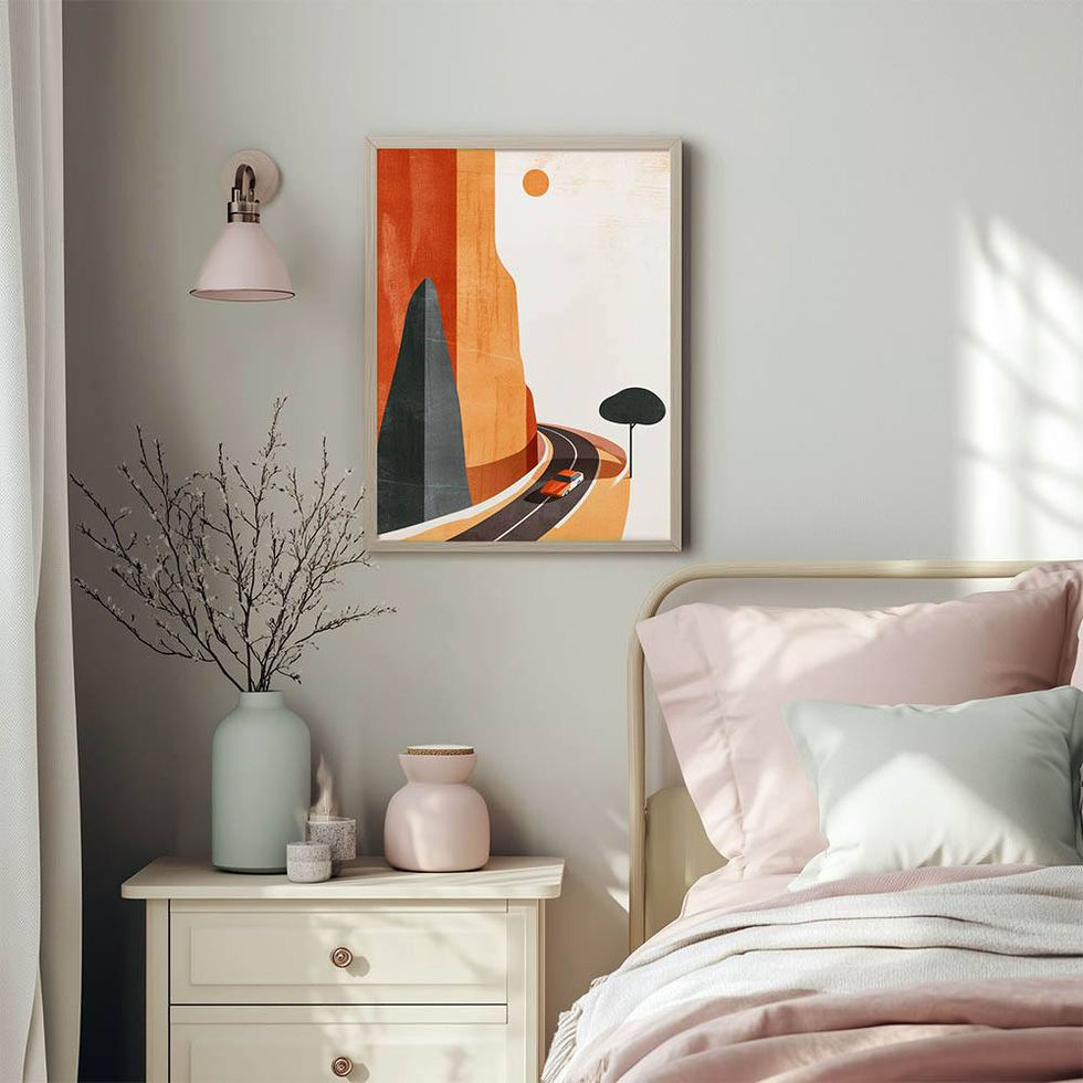 Retro-style illustration of a car on a winding road next to tall orange cliffs and a minimalist tree.