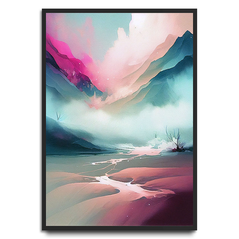 Misty mountain valley with vibrant pink skies and a flowing river – dreamy and colourful landscape art print.