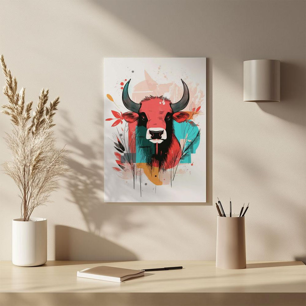 Colourful watercolour bull illustration with bold horns and abstract splashes.